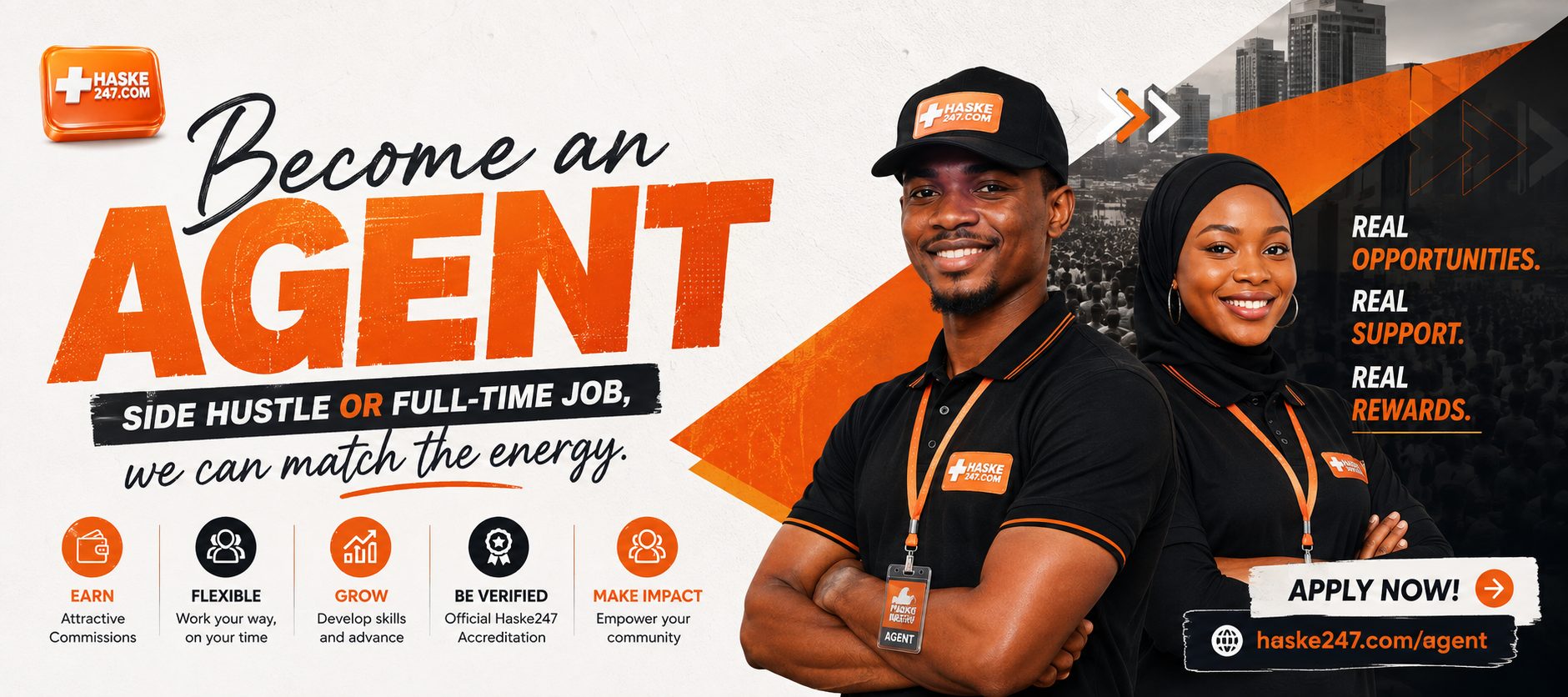 Become an Agent — side hustle or full-time job, we can match the energy. Real opportunities, real support, real rewards. Earn, be flexible, grow, get verified, make impact.